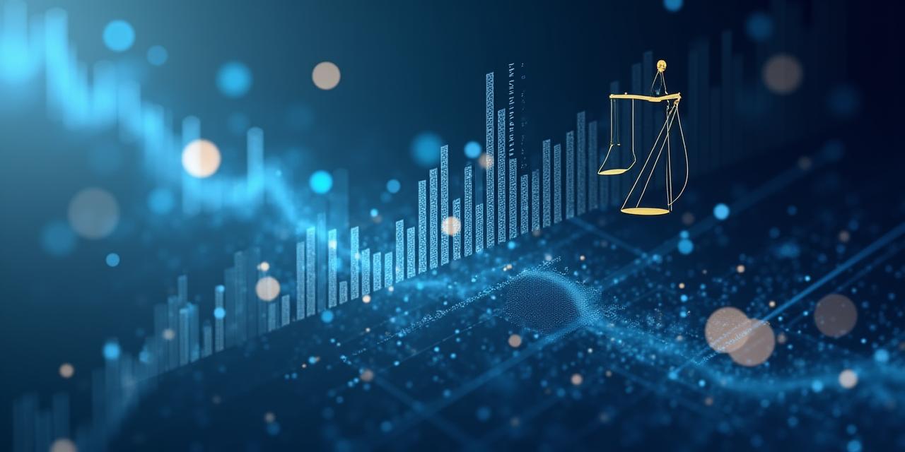 Graphique abstrait représentant l'analyse de données et des icônes juridiques, symbolisant la fusion de l'analyse et du droit.
